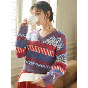 Women's Geometric Pattern Dropped Shoulder Long Sleeve V-Neck Pullover Sweater